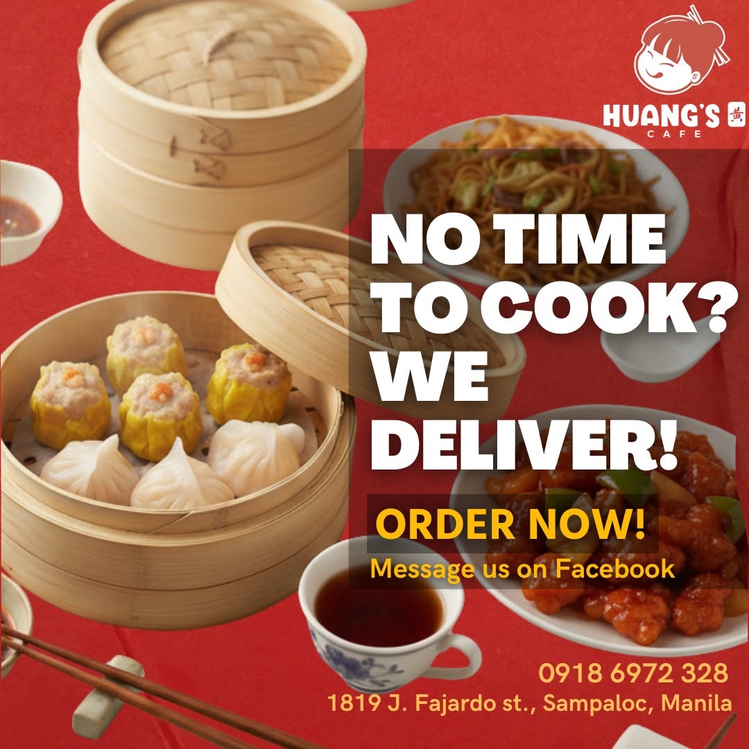 Huang's Cafe delivery promo — dimsum, noodles, and sweet and sour dishes